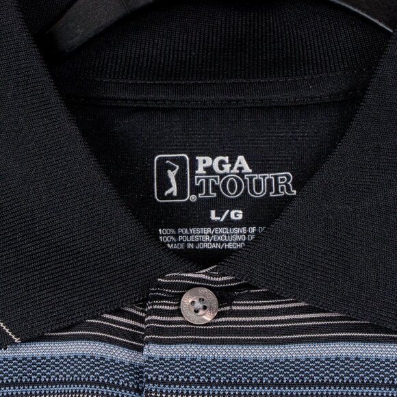 PGA Tour Polo Shirt L Mens Striped Black Blue White Short Sleeve Classic Golf - Picture 6 of 6